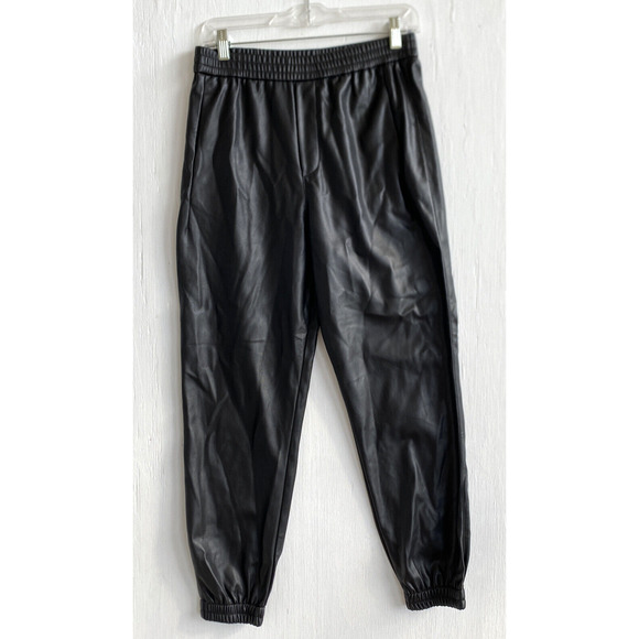 ZARA Black Faux Leather Pull on Crop Ankle Jogger Pants Elastic Waist Size S - Picture 1 of 3